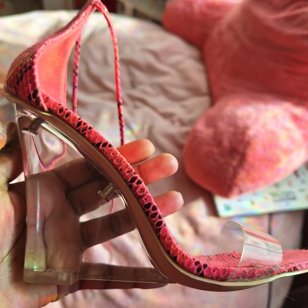 Cape Robbin Pink Snake Print Clear Wedge Heels